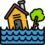 House partially submerged in water with a tree leaning to the side, featuring a junk hauling franchise.