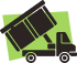 Icon of a dump truck raising its bed, highlighting its ability to unload materials. The truck is black with a green background.